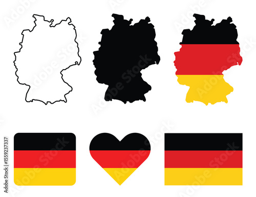Germany map with flag and heart, rounded and rectangle flag design includes outline , solid and flag colored styles in german national colors..