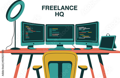 Illustration of a freelance workspace with three monitors and a ring light