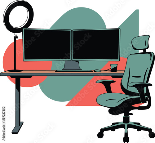 Illustration of a desk with dual monitors ring light and ergonomic chair setup