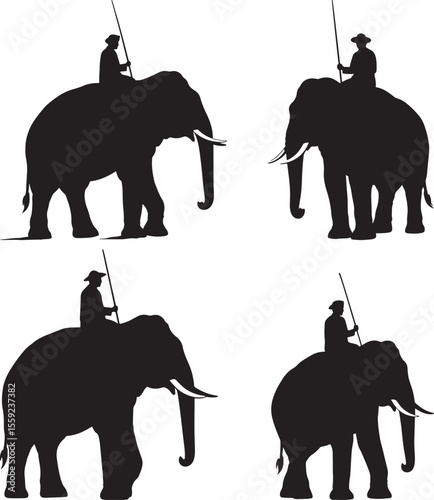 Man Riding Elephant with Stick Silhouette Vector Set vector illustration