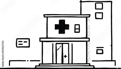Vector Illustration of a Multi-Storey Hospital Building Featuring Prominent Medical Cross Symbol Above Glass Door Entrance with Urban Architecture Detailing in High-Contrast Black Silhouette Style
