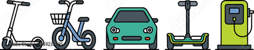 Illustration showing scooter, bicycle, car, segway, and electric charging station