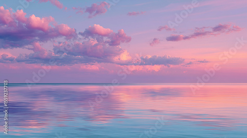 Serene pastel sunset over tranquil ocean | Gentle pink, purple sky with soft clouds reflected in calm water | Peaceful landscape ideal for relaxation, mindfulness, wellness, travel.