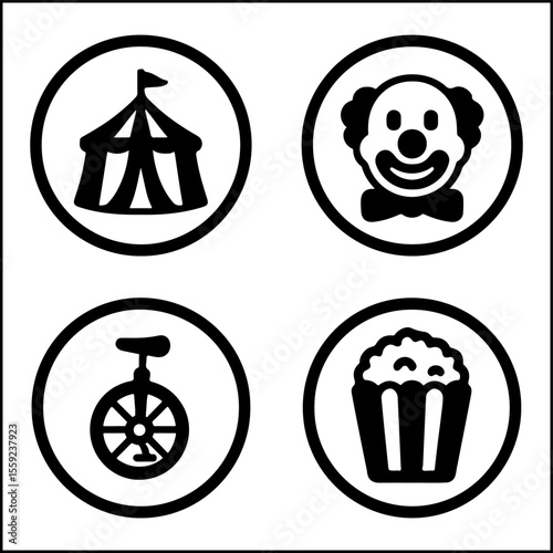 Circus icons with tent clown popcorn unicycle