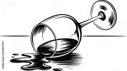 Spilled Wine Glass Vector, Black and White Drink Clipart Illustration.