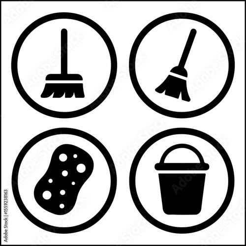 Cleaning tools icons with mop sponge bucket broom