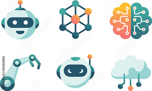 Illustration of ai elements including robots brain and cloud technology