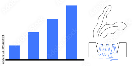 Blue bar chart symbolizing progress, alongside linear hydroponic system and organic plant leaves. Ideal for growth, agriculture, sustainability, eco-friendly technology, innovation, farming