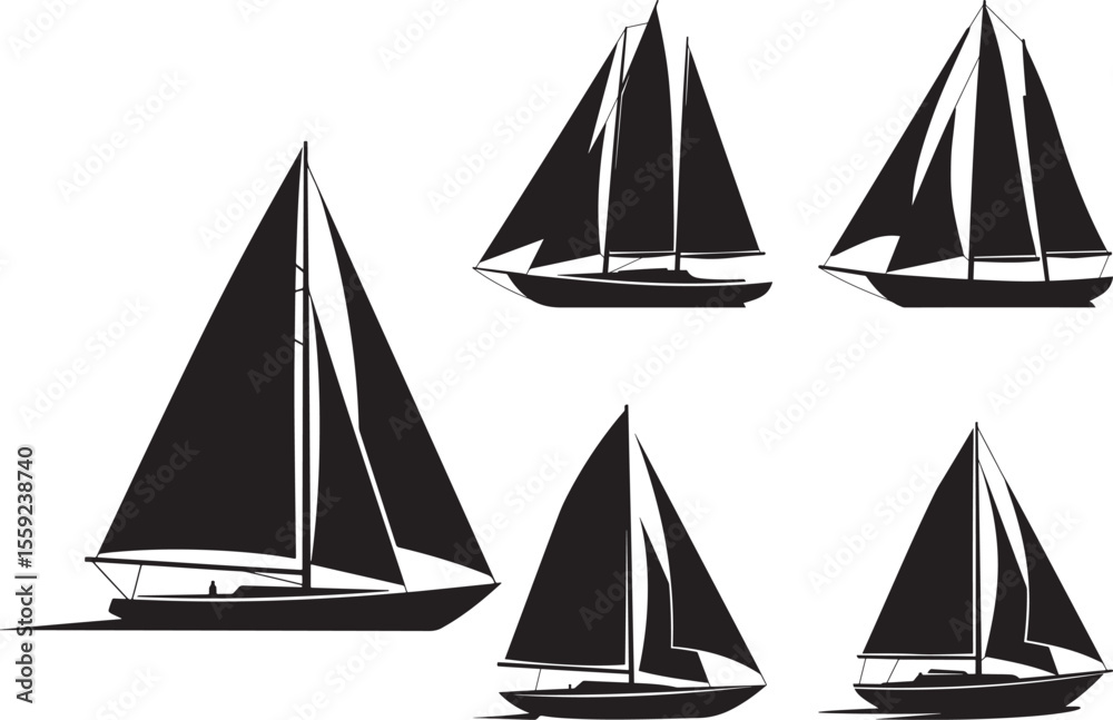 Fototapeta premium Sailboat Sailing Ship Silhouette Vector Set on White Background vector illustration