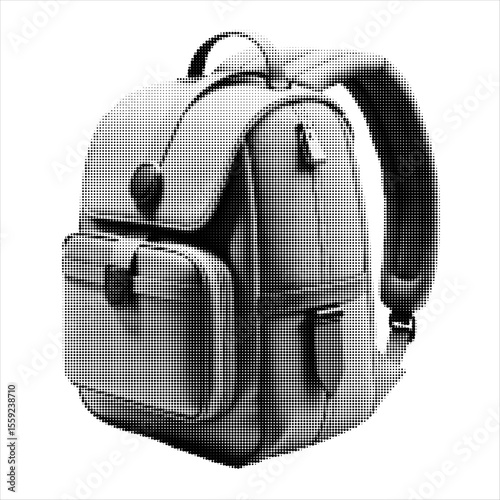 Vector halftone illustration of a backpack in vintage dotted style, perfect for retro designs, fashion graphics, product mockups, outdoor adventure themes, advertising, and artistic compositions