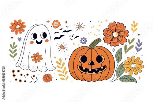 Halloween pumpkin vector illustration with spooky autumn decorations and festive Halloween elements
