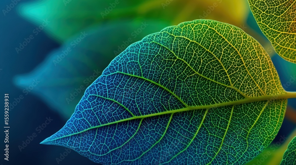 Obraz premium A detailed view of vibrant leaves showcases their intricate patterns and veins. The cool blue and green hues contrast beautifully with the soft backdrop, highlighting nature's artistry.
