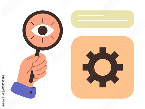 Hand holding magnifying glass focusing on gear icon, indicating investigation and optimization processes. Ideal for research, analysis, development, problem-solving, process improvement, learning