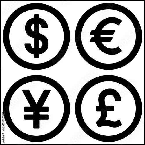 Currency icons with dollar euro yen pound