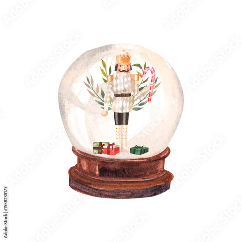 Watercolor hand painted snow globe with nutcracker. Christmas composition