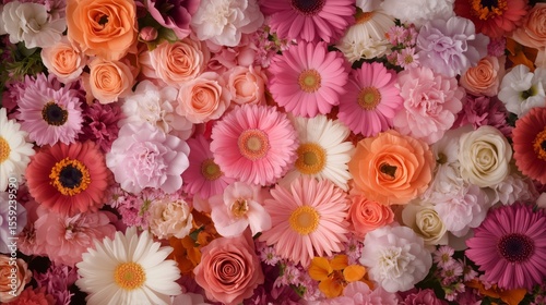 Colorful nature background with various fresh flower blooms. Full frame blossom with many types of petal. Spring or summer romantic texture.