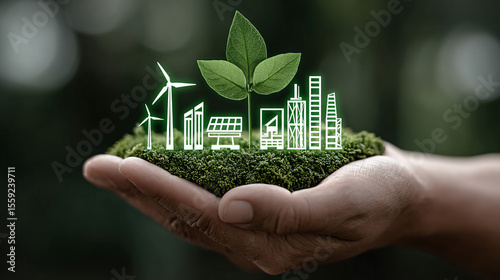 Wallpaper Mural a dynamic illustration of a hand grasping symbols of renewable energy showcasing wind solar and hydro power highlighting the importance of sustainable practices in a greener future Torontodigital.ca