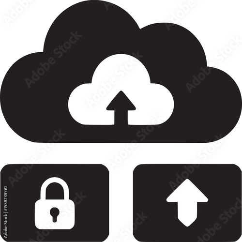 A black and white illustration of cloud storage with security and upload icons displayed below