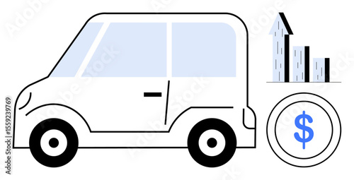 Compact car next to a dollar coin and upward bar graph. Ideal for automotive business, car loans, finance trends, economy, investment, transportation, financial goals, simple landing page