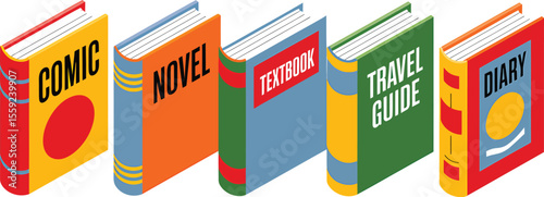 Isometric illustration of five books with different titles on a light background
