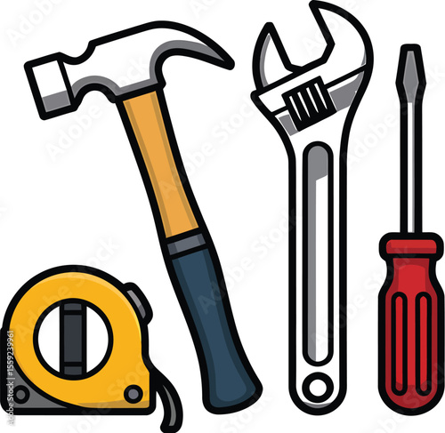 Illustration of a hammer, wrench, screwdriver, and measuring tape on white