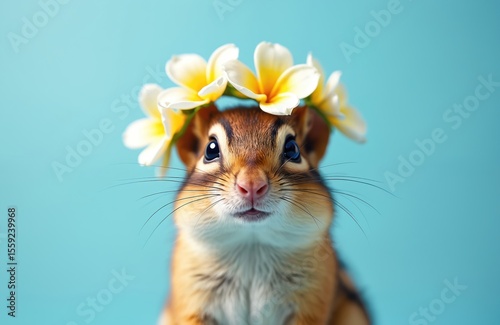 Cute chipmunk wearing flower crown on ultramarine background. Summertime sunny holiday spirit ad banner or postcard design. Cheerful baby animal with copy space.