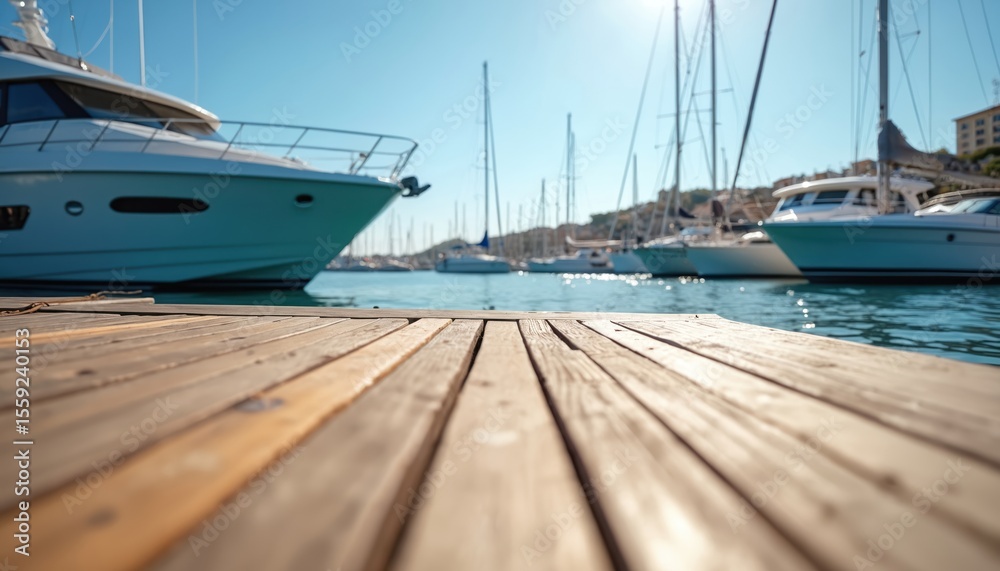Fototapeta premium Scenic marina view, wooden dock foreground with yachts, sailboats moored. Blue water reflects sunlight, sky horizon, coastal travel vacation, summer leisure. Nautical scene, harbor. Luxury life,