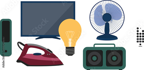 Illustration of various household appliances including tv fan and iron box