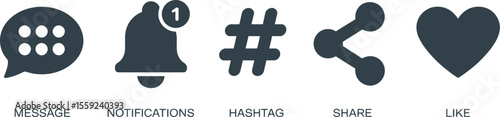 Illustration of message notification hashtag share and like icons in dark gray