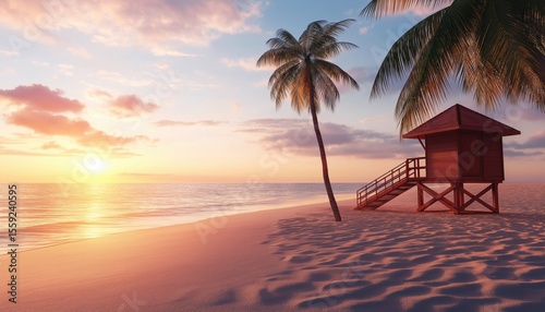 Fototapeta Naklejka Na Ścianę i Meble -  Stunning Sunrise Over Caribbean Beach In Punta Cana With Lifeguard Station - A Beautiful Morning View By The Sea.