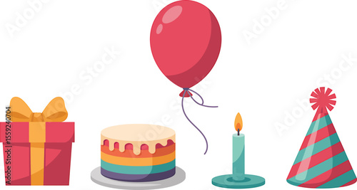 Illustration of a birthday celebration with cake gift balloon and party hat