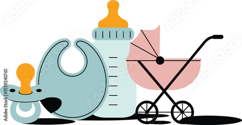 Illustration of baby items including a bib bottle pacifier and stroller