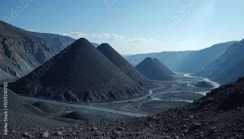 Large coal piles at mining site under blue sky. Industrial landscape with black material mountains. Extraction, production, resource, energy industry. Coal storage, transportation infrastructure.
