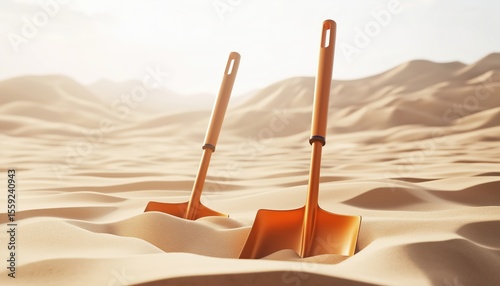 Two Shovels Resting In The Sand Against The Backdrop Of A Vast Desert Landscape. The Picture Captures The Serenity And Solitude Of The Desert.