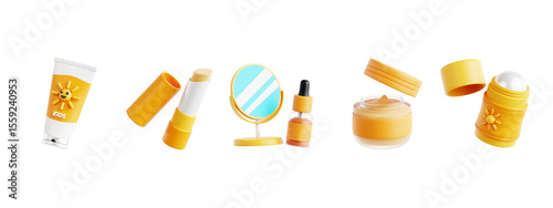 Kids Sunscreen, Lip Balm Stick, Skincare Mirror, Serum Bottle, and Moisturizer Jar in 3D Personal Care Pack