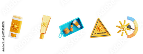 3D Sunblock Stick, SPF Cream, Cosmetic Travel Kit, UV Radiation Warning, and UV Level Meter Icons