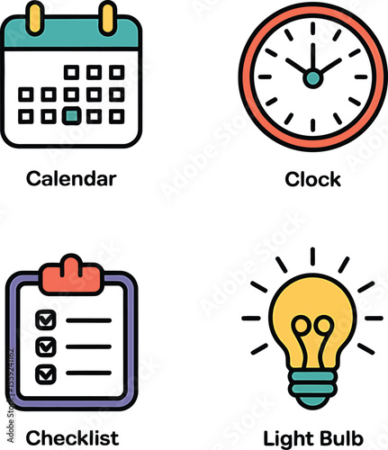 Icons of calendar clock checklist and light bulb on a split gray background