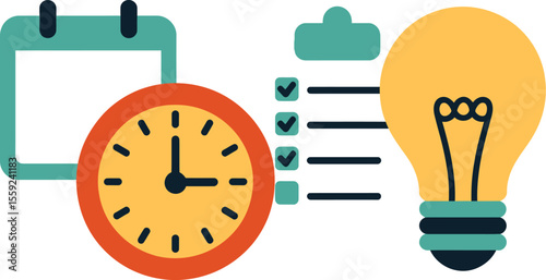 A cartoon illustration of a calendar, clock, checklist and a light bulb