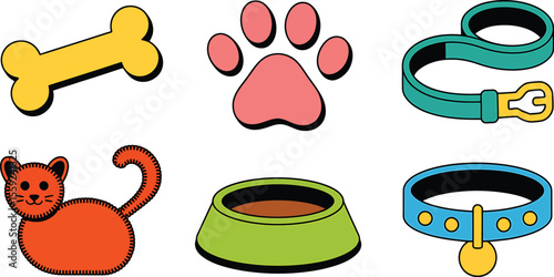 A collection of pet related icons including a bone paw print and cat image