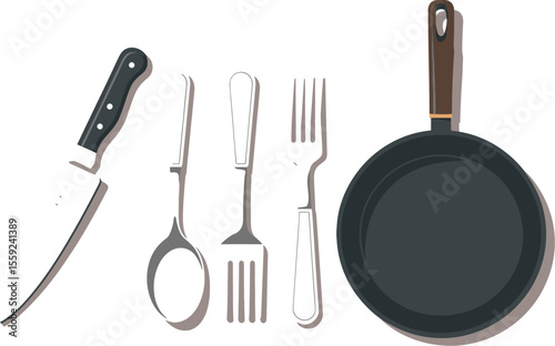 Illustration of a kitchen knife spoon fork and frying pan on white background