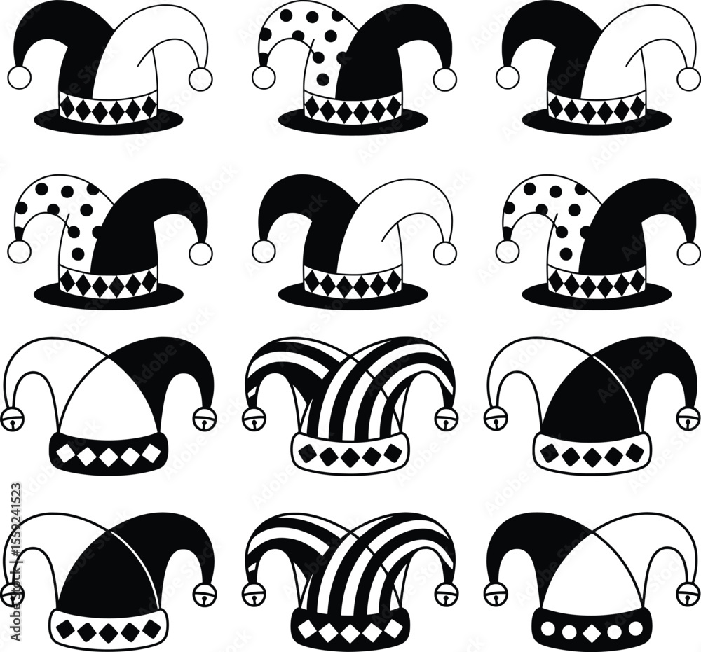 Naklejka premium Jester Hat Vector Set, Black and White Joker Cap Line Art Icons.