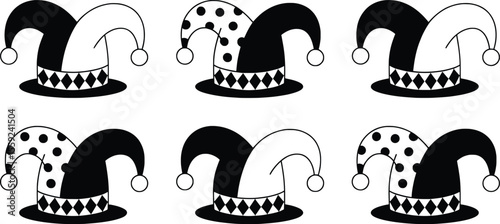 Jester Hat Vector Set, Black and White Joker Cap Line Art Icons.