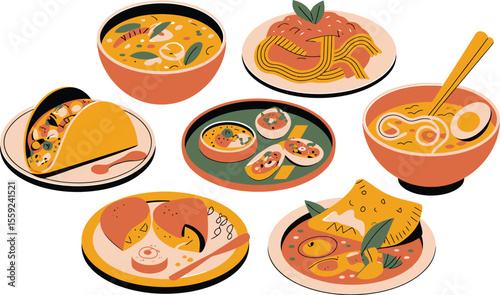 Various dishes arranged on a light background in an illustrative style art