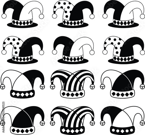 Jester Hat Vector Set, Black and White Joker Cap Line Art Icons.