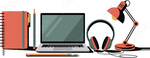 A laptop, notebook, headphones, lamp, and pencils on a white background flatlay