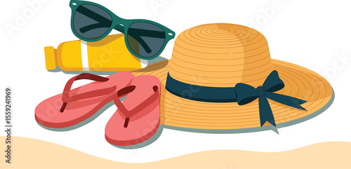 Beach essentials featuring a hat, sunglasses, sunscreen, and flip flops