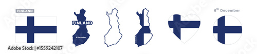 finland flag and map set. finland flag in official colors and proportions. independence day 6 december , map, circle and heart shaped finland 