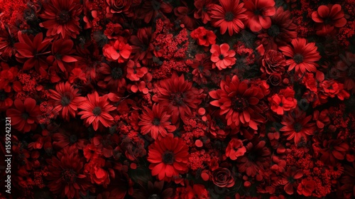 Red flowers background. An assortment of vibrant blooms with rich red petals. Floral concept for Valentine's day, wedding, and event decoration.