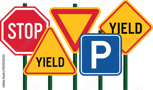 A collection of colorful road signs including stop yield and parking signs