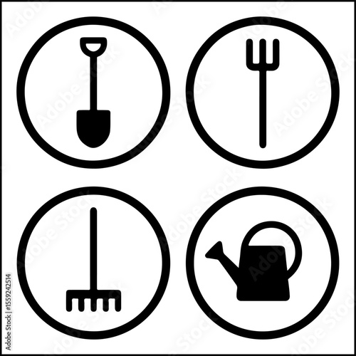 Gardening tools icons with shovel rake hoe can